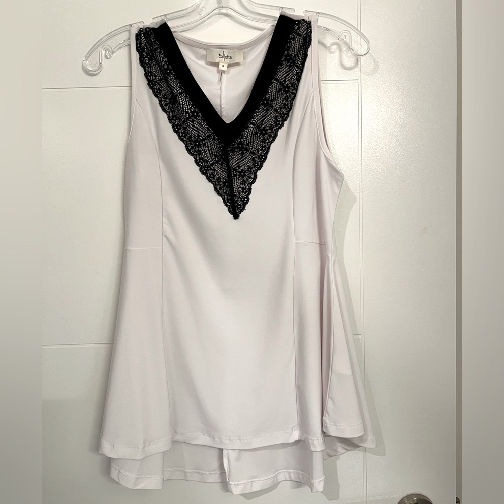 Colleta White Sleeveless Stretchy Top with Black Lace Detail - Size S
